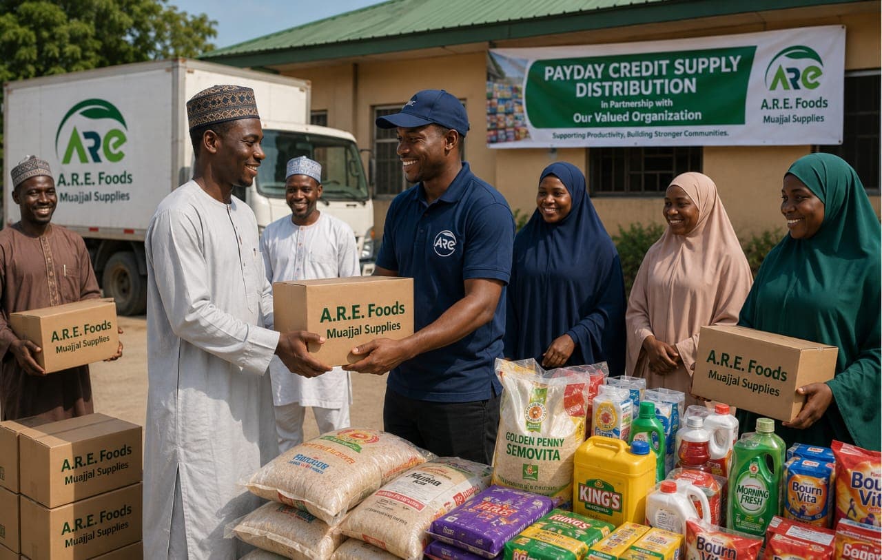 Shelves of packaged goods and cooking oil ready for supply